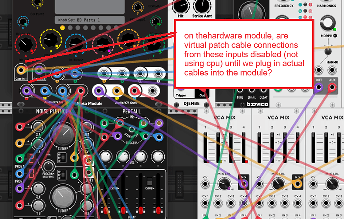 are virtual patch cables turned off until we plug in 3.5mm cables into the actual module